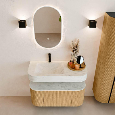 MONDIAZ THOR-DLUX 100cm meuble de salle de bains arrondi gauche + droite couleur Chêne avec 1 tiroir et 2 portes. Vasque suspendue CLOUD Gauche 1 trou de robinet couleur Opalo.