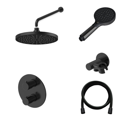Hotbath COBBER Ensemble de douche à effet pluie - robinet encastré - thermostatique - pomme de douche 20 cm - douchette à main - noir mat PVD