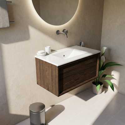 Saniclass Holz Frame Ensemble meuble de salle de bains - 80x45x42cm - Vygo lavabo en céramique blanc - 1 vasque - sans trou de robinet - 1 tiroir - chêne charcoal mat (bois)