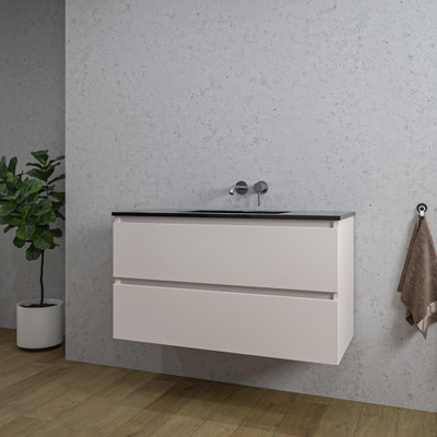 Saniclass Chaci Ensemble meuble de salle de bains - 100x46x55cm - lavabo céramique noir - 1 vasque - sans trous de robinet - 2 tiroirs - cotton mat (beige)