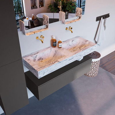 Mondiaz ALAN-DLUX Ensemble de meuble - 120cm - meuble Dark grey mat - 1 tiroir - Lavabo Cloud Glace suspendu - vasque Gauche et droite - 0 trous de robinet