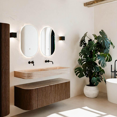 MONDIAZ THOR-DLUX Meuble de salle de bains - 130cm - arrondi gauche + droite - couleur Walnut - 1 tiroir - 2 portes - Vasque suspendue CLOUD Double sans trou de robinet - couleur Saba