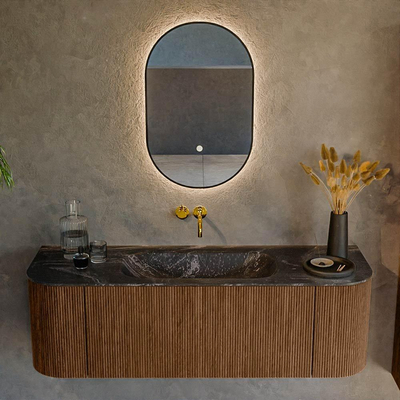 MONDIAZ KURVE-DLUX 140cm Meuble salle de bain avec module 25 G et D - couleur Walnut - 1 tiroir - 2 portes - vasque BIG SMALL centre - sans trou de robinet - couleur Lava