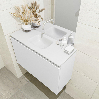 MONDIAZ OLAN Fonteinset - 80x30x40cm - 0 kraangaten - 1 lade - talc mat - wasbak midden - Solid Surface Wit