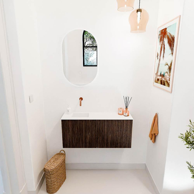 Mondiaz JOYA 90cm toiletmeubel - kleur Walnut - Wastafel FAYE positie Links Zonder kraangat kleur Talc.