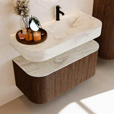 MONDIAZ THOR-DLUX 100cm badmeubel ronding links + rechts kleur Walnut met 1 lade en 2 deuren. Vrijhangende wastafel CLOUD Rechts 1 kraangat kleur Ostra.