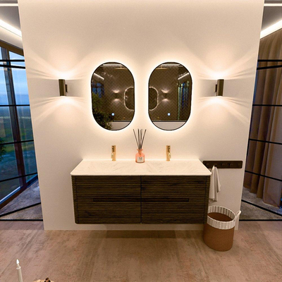 Mondiaz CIRO-DLUX Badkamermeubelset - 130x45x50cm - Solid surface wastafel Opalo - 2 wasbak Dubbel - 2 kraangaten - 4 lades - Shadow