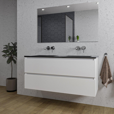 Saniclass Chaci Meuble de salle de bain - 120x46x55cm - lavabo en céramique noir - 2 vasques - sans trous de robinet - 2 tiroirs - miroir rectangulaire - blanc mat