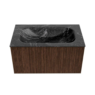 MONDIAZ KURVE-DLUX Meuble de salle de bains 80 cm couleur Walnut avec 1 tiroir. Lavabo BIG SMALL central sans trou de robinet couleur Lava.