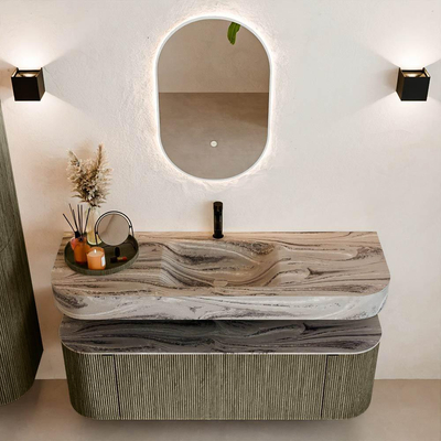 MONDIAZ THOR-DLUX 140cm meuble de salle de bains arrondi gauche + droite couleur Shadow avec 1 tiroir et 2 portes. Vasque suspendue CLOUD Milieu 1 trou de robinet couleur Sombra.