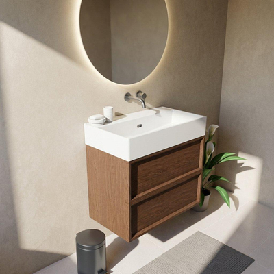 Saniclass Holz Frame Ensemble de meubles de salle de bains - 80x45x72cm - Legend lavabo en céramique blanc - 1 vasque - sans trou de robinet - 2 tiroirs - noyer pure mat (bois)
