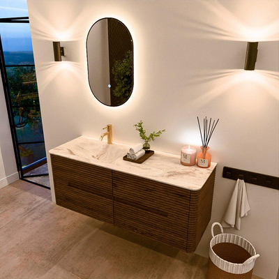 Mondiaz CIRO-DLUX Badkamermeubelset - 130x45x50cm - Solid surface wastafel Frappe - 1 wasbak Links - 1 kraangat - 4 lades - Dusk
