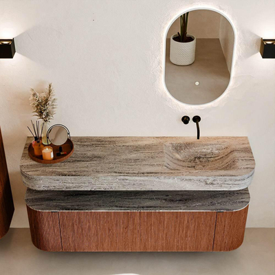 MONDIAZ THOR-DLUX 160cm meuble de salle de bains arrondi gauche + droite couleur Ruby avec 1 tiroir et 2 portes. Vasque suspendue CLOUD Droite sans trou de robinet couleur Oza.