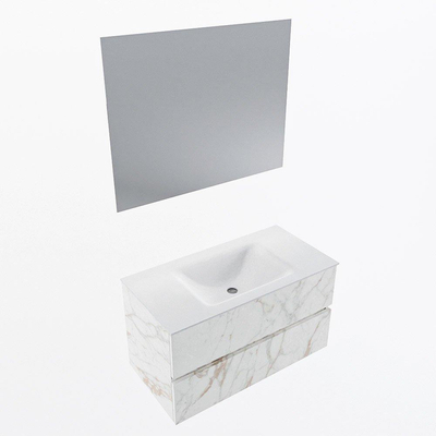 Mondiaz VICA ensemble de meuble de salle de bain - 90cm - meuble sous-vasque carrara - 2 tiroirs - lavabo cloud milieu - sans trous de robinet - couleur talc - miroir LED - version XL 60cm de haut