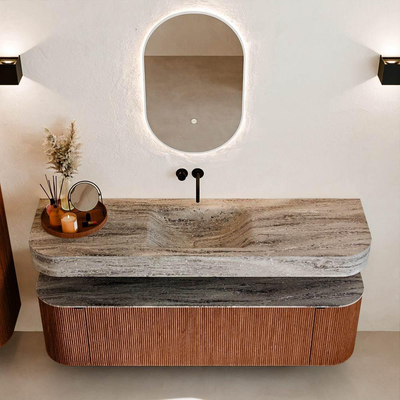 MONDIAZ THOR-DLUX 160cm meuble de salle de bains arrondi gauche + droite couleur Ruby avec 1 tiroir et 2 portes. Vasque suspendue CLOUD Centre sans trou de robinet couleur Oza.