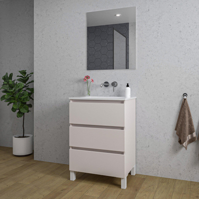 Saniclass Chaci PLUS Meuble de salle de bain - 60x86x46cm - lavabo en céramique blanc - 1 vasque - sans trous de robinet - 3 tiroirs - miroir rectangulaire - mat cotton (beige)