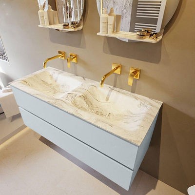 Mondiaz VICA-DLUX ensemble de meuble de salle de bain - 120cm - meuble sous-vasque argile - 2 tiroirs - lavabo encastré nuage double - sans trous de robinet - version haute de 60cm - glace