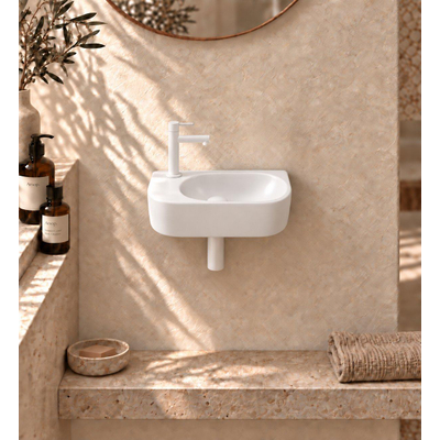 QeramiQ Fuente pack lave-mains – demi-rond – 40 x 21,5 x 12 cm – céramique blanc mat – robinet blanc mat
