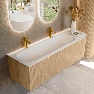MONDIAZ KURVE 145cm badmeubel met module 25 R kleur Oak met 1 lade en 1 deur. Wastafel BIG LARGE links 2 kraangaten Talc.