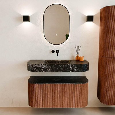 MONDIAZ THOR-DLUX 100cm meuble de salle de bains arrondi gauche + droite couleur Ruby avec 1 tiroir et 2 portes. Vasque suspendue CLOUD Milieu sans trou de robinet couleur Lava.