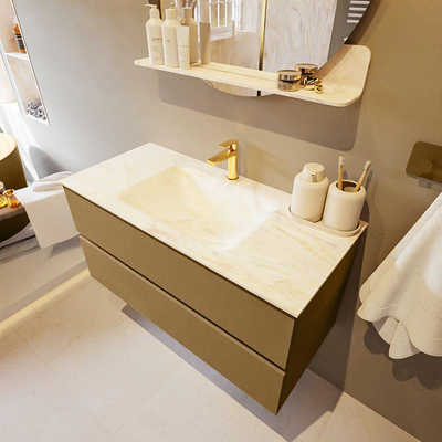 Mondiaz VICA-DLUX Ensemble de meuble de salle de bain - 100cm - meuble sous-vasque oro - 2 tiroirs - lavabo encastré cloud milieu - 1 trou de robinet - version haute de 60cm - ostra