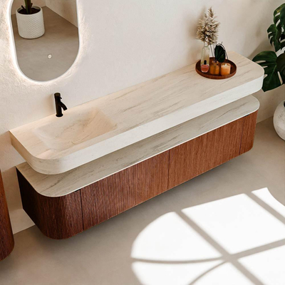 MONDIAZ THOR-DLUX Meuble de salle de bains - 200cm - arrondi gauche + droite - couleur Ruby - 2 tiroirs et 2 portes - Vasque suspendue CLOUD Gauche 1 trou de robinet - couleur Meli