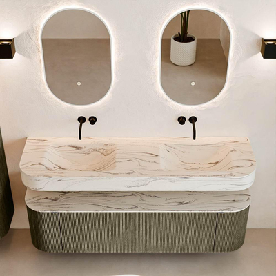 MONDIAZ THOR-DLUX Meuble de salle de bains 160cm arrondi gauche + droite couleur Shadow avec 1 tiroir et 2 portes. Vasque suspendue CLOUD Double sans trou de robinet couleur Nata.