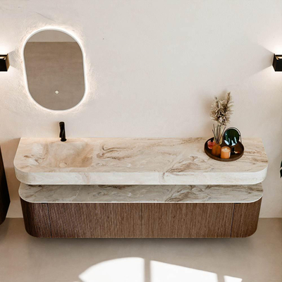 MONDIAZ THOR-DLUX 200cm meuble de salle de bains arrondi gauche + droite couleur Walnut avec 2 tiroirs et 2 portes. Vasque suspendue CLOUD Gauche 1 trou de robinet couleur Frappe.