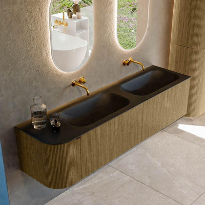 Mondiaz KURVE Ensemble de meuble de salle de bains - 175x46x40cm - 2 tiroirs - 1 porte - vasque solid surface - double / droite - sans trou de robinet - Dusk