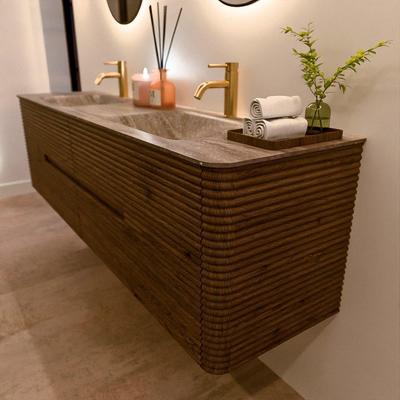 Mondiaz CIRO-DLUX Badkamermeubelset - 180x45x50cm - Solid surface wastafel Oza - 2 wasbak Dubbel - 2 kraangaten - 4 lades - Dusk