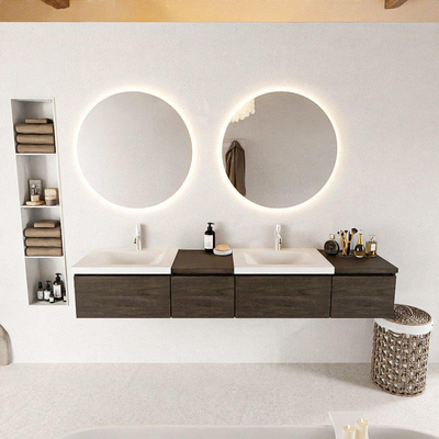 MONDIAZ BUKLA Meuble de salle de bains 200 cm avec module 40 gauche couleur Dark Brown avec 4 tiroirs. Lavabo CLOUD double 2 trous de robinet couleur Talc.