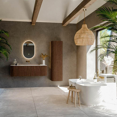 MONDIAZ KURVE-DLUX meuble de salle de bains 140 cm avec module 25 Len R couleur Walnut avec 1 tiroir et 2 portes. Lavabo BIG SMALL central sans trou de robinet couleur Opalo.