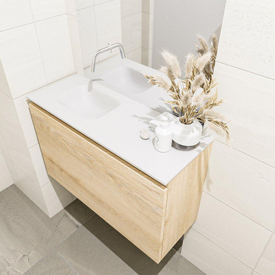 MONDIAZ OLAN Toiletmeubel 80x30x40cm met 0 kraangaten 1 lades washed oak mat Wastafel Lex links Solid Surface Wit