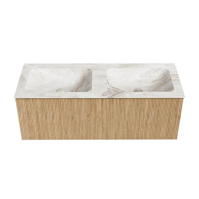 MONDIAZ KURVE-DLUX 120cm badmeubel kleur Oak met 1 lade. Wastafel LEAF dubbel 2 kraangaten kleur Frappe.