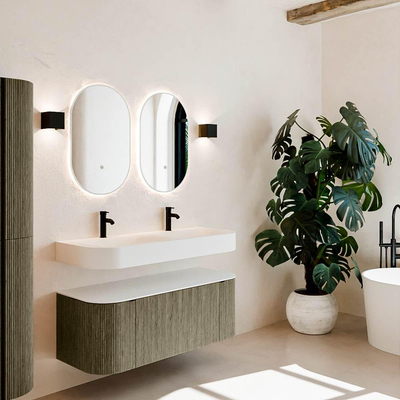 MONDIAZ THOR 120cm meuble de salle de bains arrondi gauche + droite couleur Shadow avec 1 tiroir et 2 portes. Vasque suspendue CLOUD Double 2 trous de robinet couleur Talc.