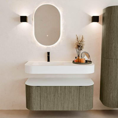 MONDIAZ THOR Meuble de salle de bains 110cm arrondi gauche + droite couleur Shadow avec 1 tiroir et 2 portes. Vasque suspendue CLOUD Gauche 1 trou de robinet couleur Talc.