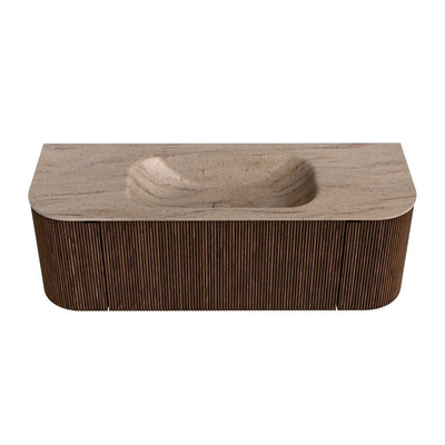 MONDIAZ KURVE-DLUX 130cm badmeubel ronding Links + Rechts kleur Walnut met 1 lade en 2 deuren. Wastafel BIG SMALL Midden zonder kraangat Saba.