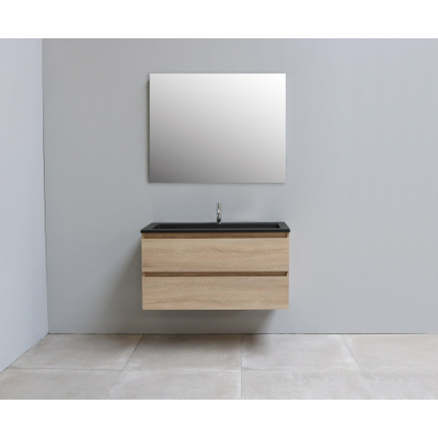 Basic Bella Meuble salle de bains 100x55x46cm avec lavabo acrylique Noir 1 trou pour robinet avec miroir Chêne