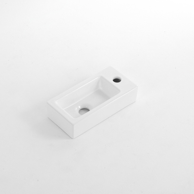 QeramiQ Fuente pack lave-mains – 37,5 x 18,5 x 9 cm – céramique blanc brillant – perçage à droite – robinet noir mat