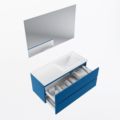 Mondiaz VICA ensemble de meuble de salle de bain - 110cm - meuble sous-vasque jeans - 2 tiroirs - lavabo cloud droite - 1 trou de robinet - couleur talc - miroir LED - version XL 60cm haut