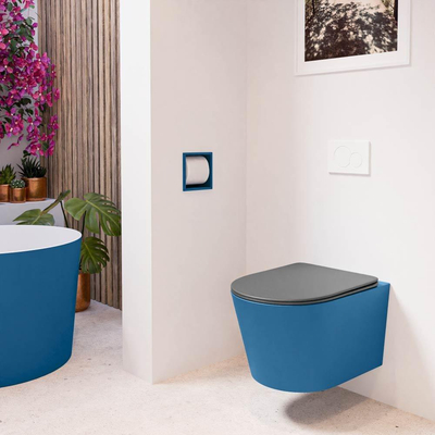 Mondiaz LAVIE hangtoilet – spoelrandloos – 36 x 53 cm – met softclose zitting – Jeans (blauw), zitting Dark grey (grijs)