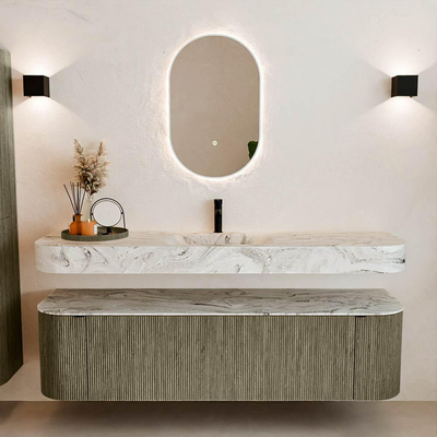 MONDIAZ THOR-DLUX Meuble de salle de bains 170cm arrondi gauche + droite couleur Shadow avec 1 tiroir et 2 portes. Vasque suspendue CLOUD Milieu 1 trou de robinet couleur Glace.