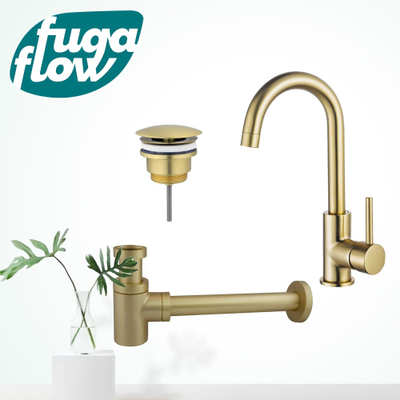 FugaFlow Eccelente Sobrado Badkamer Wastafelkraanset - hoge wastafelkraan - draaibare uitloop - always open plug - verlaagde design sifon - PVD Geborsteld Messing