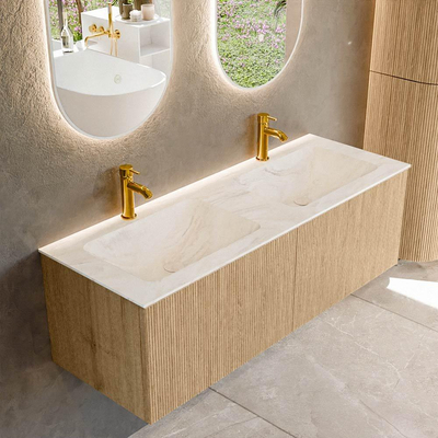 MONDIAZ KURVE-DLUX 130cm Meuble salle de bain - couleur Oak - 2 tiroirs - vasque LEAF double - 2 trous de robinet - couleur Ostra