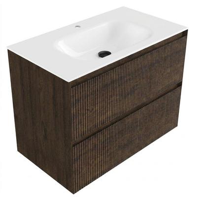 Saniclass Holz Atelier Ensemble meuble de salle de bains - 80x45x61.5cm - lavabo Flow en solid surface blanc - 1 vasque - 1 trou de robinetterie - 2 tiroirs - chêne charcoal mat (bois)