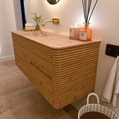 Mondiaz CIRO-DLUX Ensemble meuble de salle de bains - 120x45x50cm - Plan vasque solid surface Arena - 1 vasque à gauche - sans trous pour robinet - 2 tiroirs - Chêne