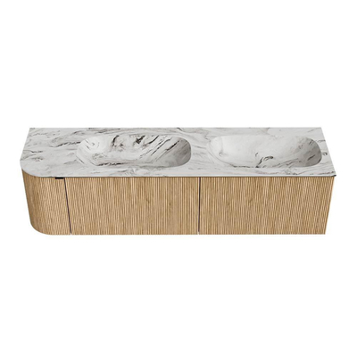 MONDIAZ KURVE-DLUX meuble de salle de bains 165 cm avec module 25 L couleur Chêne avec 2 tiroirs et 1 porte. Lavabo STOR SMALL double / à droite sans trou de robinet couleur Glace.