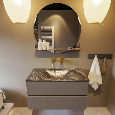 Mondiaz VICA-DLUX Ensemble de meuble de salle de bain - 90cm - meuble sous-vasque fumée - 2 tiroirs - lavabo encastré nuage milieu - sans trous de robinet - miroir modèle spot - version XL 60cm haut - lave