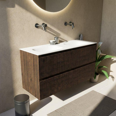Saniclass Holz Atelier Ensemble meuble de salle de bains - 120x45x61.5cm - Flow lavabo en solid surface blanc - 2 vasques - sans trous de robinetterie - 2 tiroirs - chêne charcoal mat (bois)