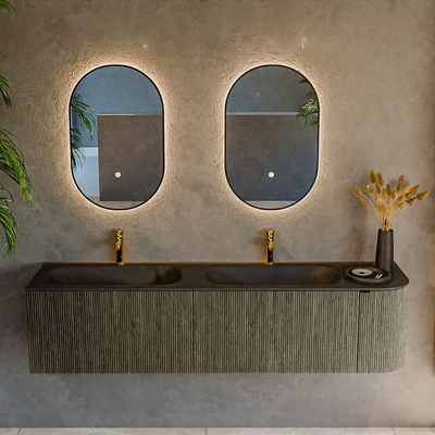 Ensemble de meuble de salle de bain Mondiaz KURVE - 175x46x40cm - 2 tiroirs - 1 porte - lavabo en solid surface - double / gauche - 2 trous de robinet - Shadow